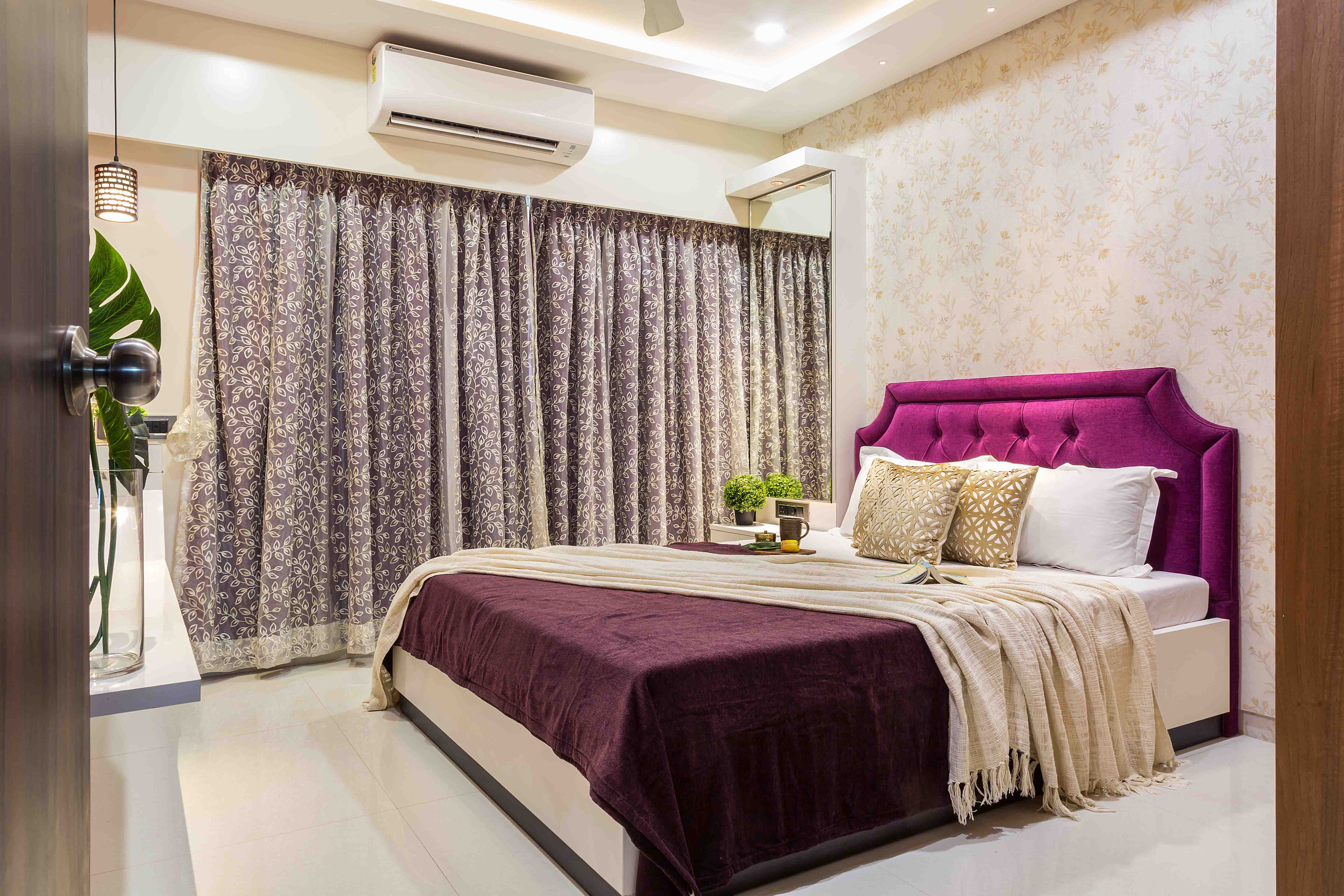 Guest Room Design With Beige Floral Wallpaper | Livspace