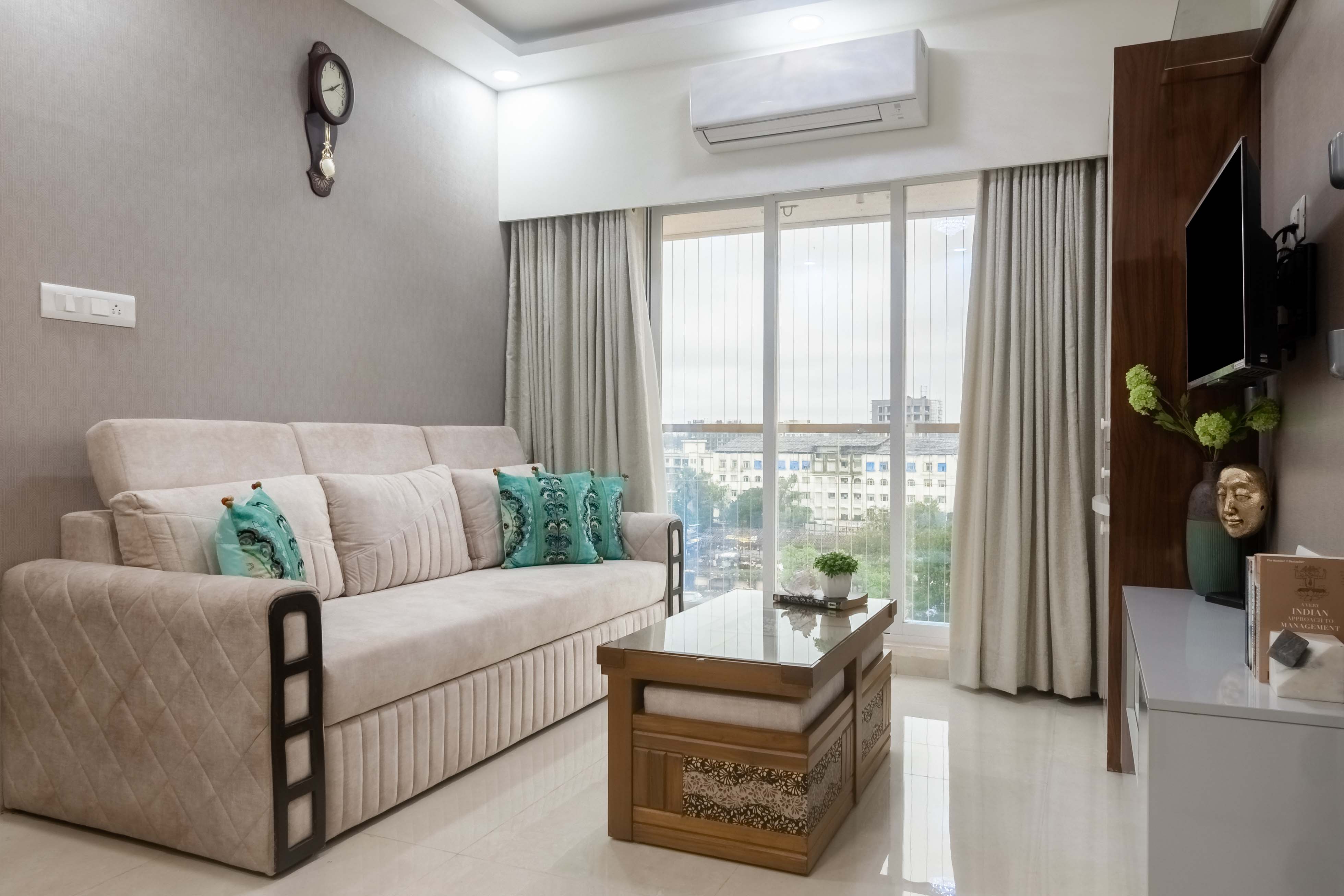 1-BHK Flat In Mumbai With Floral Master Bedroom Wallpaper | Livspace