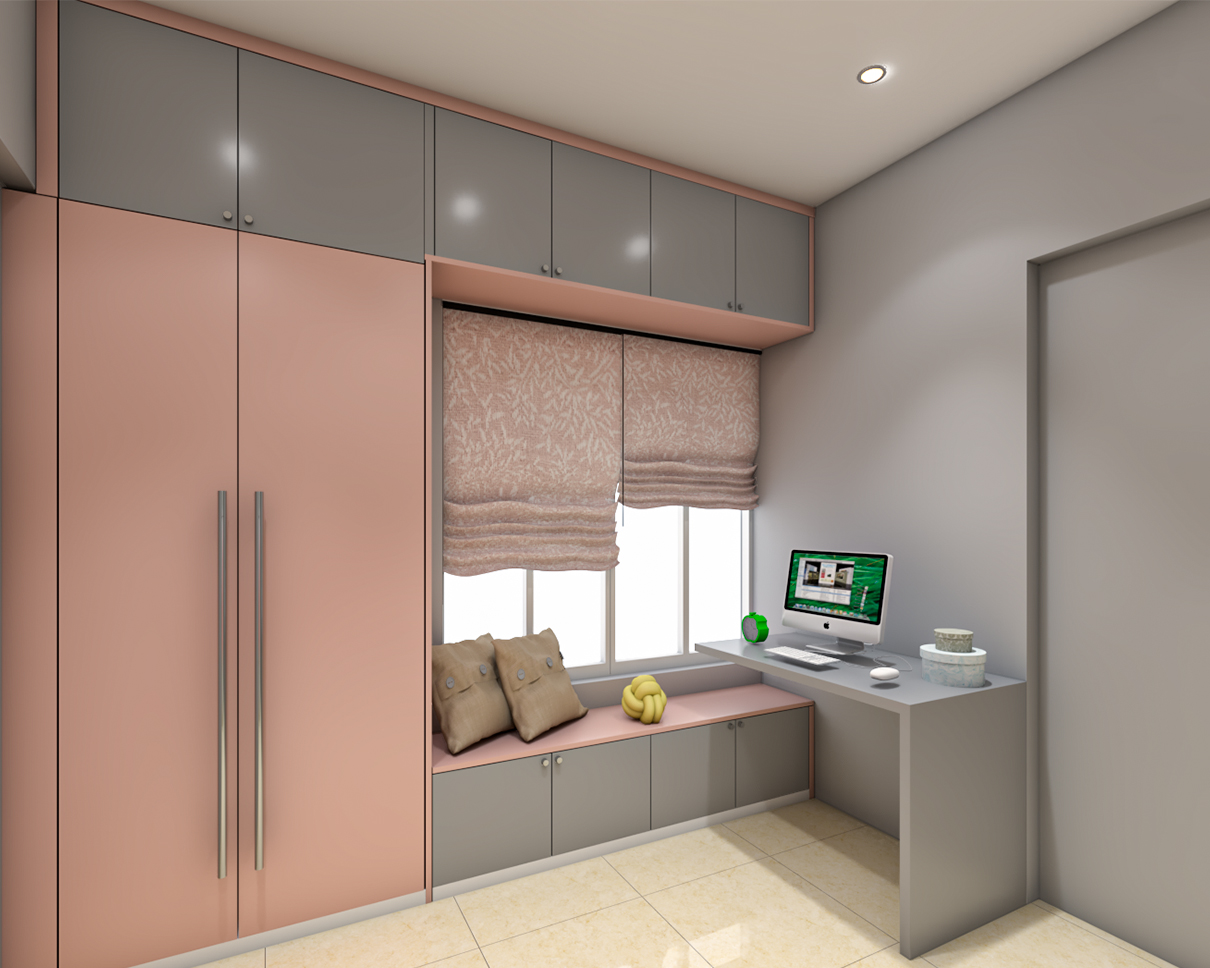 Pink And Grey Kids Room Design For Girls With Bay Seater | Livspace