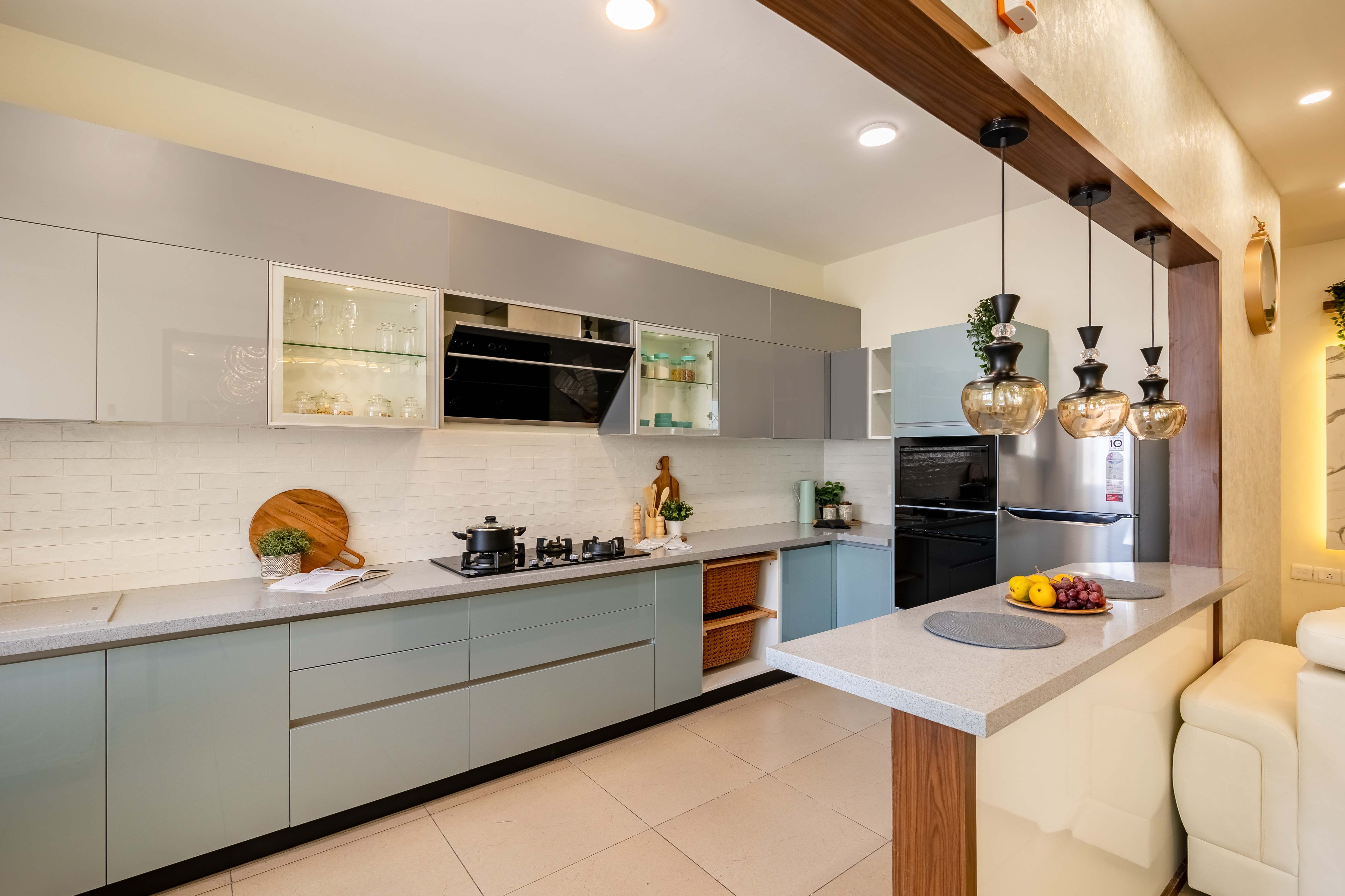 Metallic Blue And Grey Modular Island Kitchen Design | Livspace