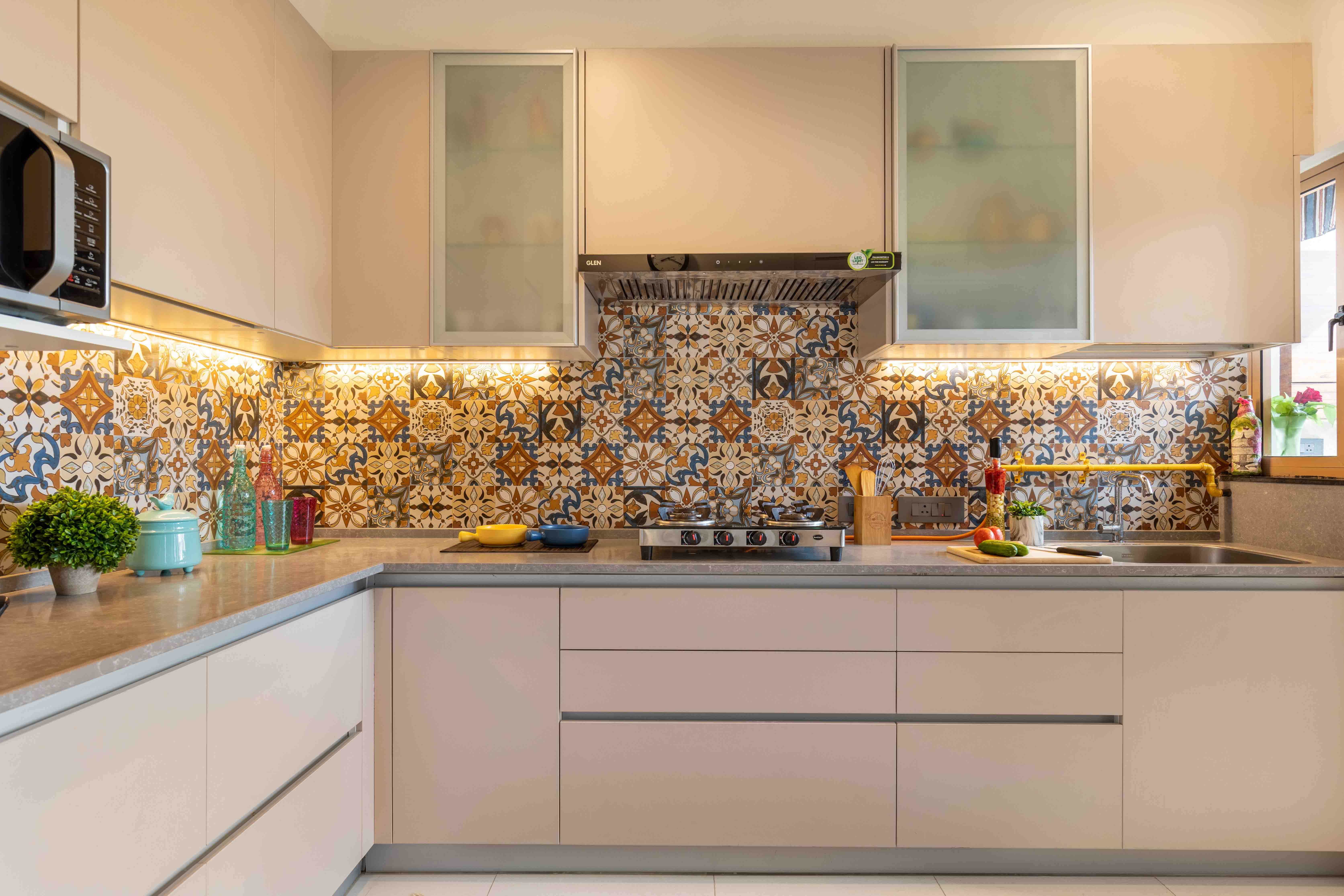 Modular Light Beige L Shaped Kitchen Design | Livspace