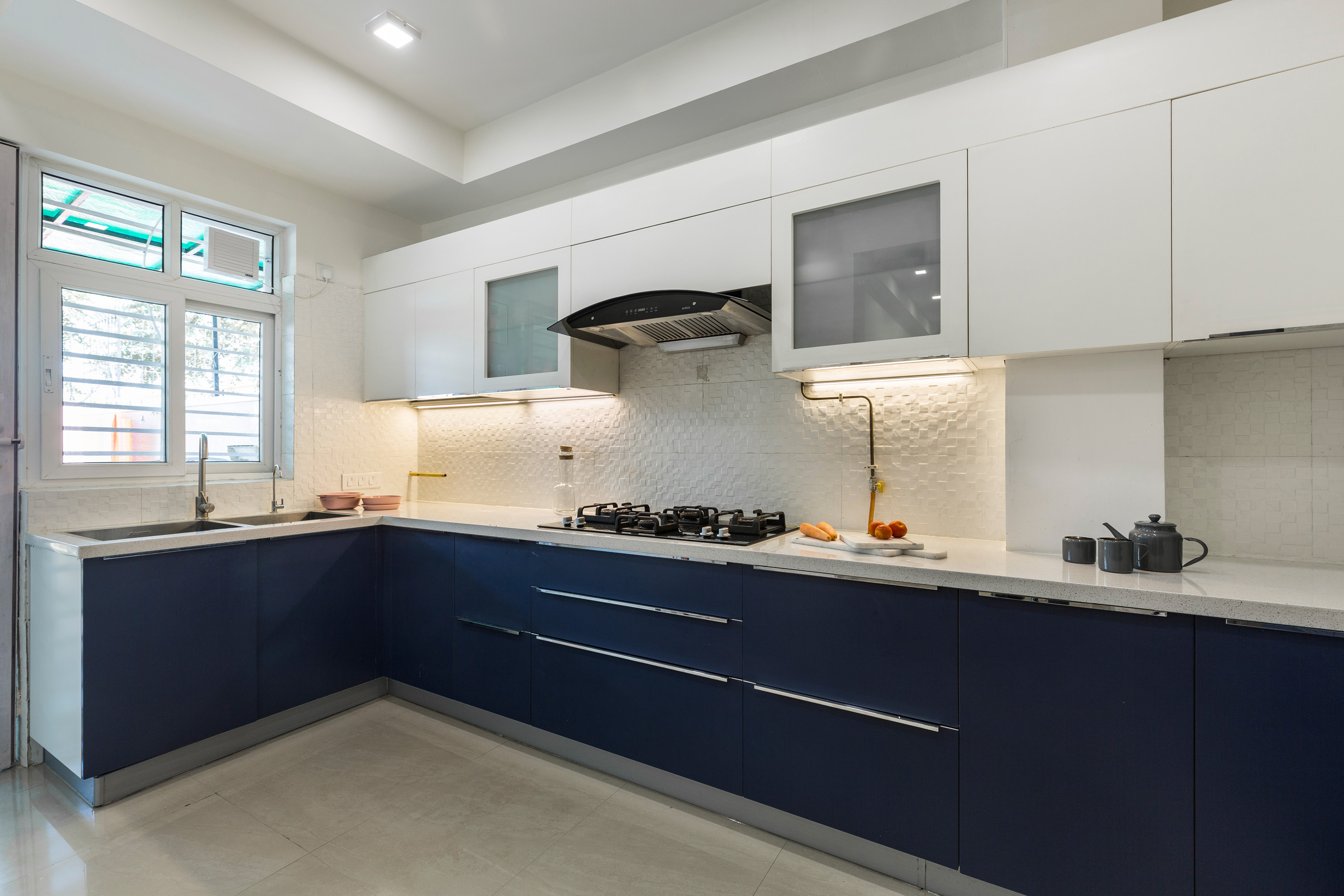 Champagne-Toned And Wave Blue U Shaped Kitchen Design | Livspace