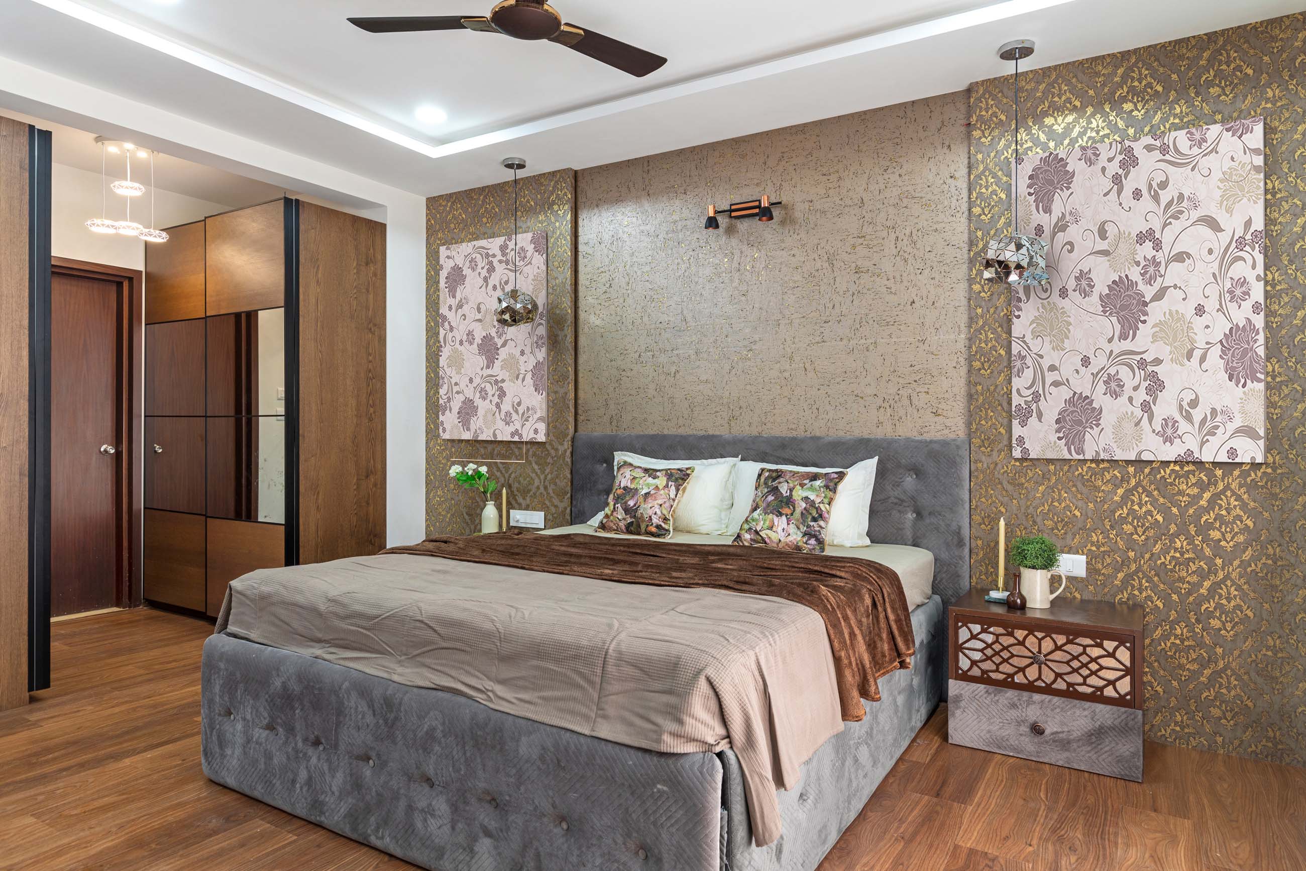 Master Bedroom Design With Grey And Gold Damask Wallpaper | Livspace