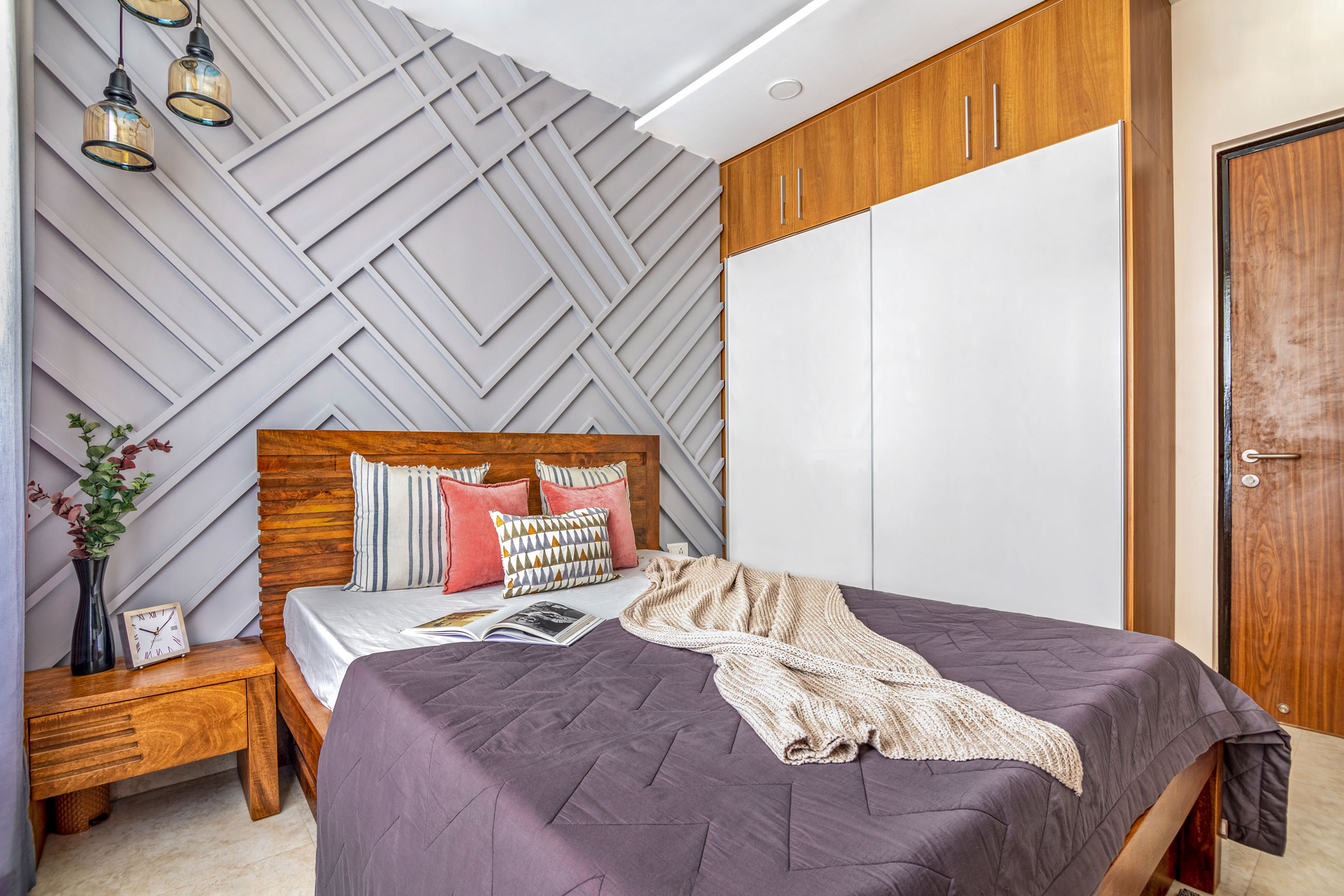 Master Bedroom Design With Grey Accent Wall | Livspace