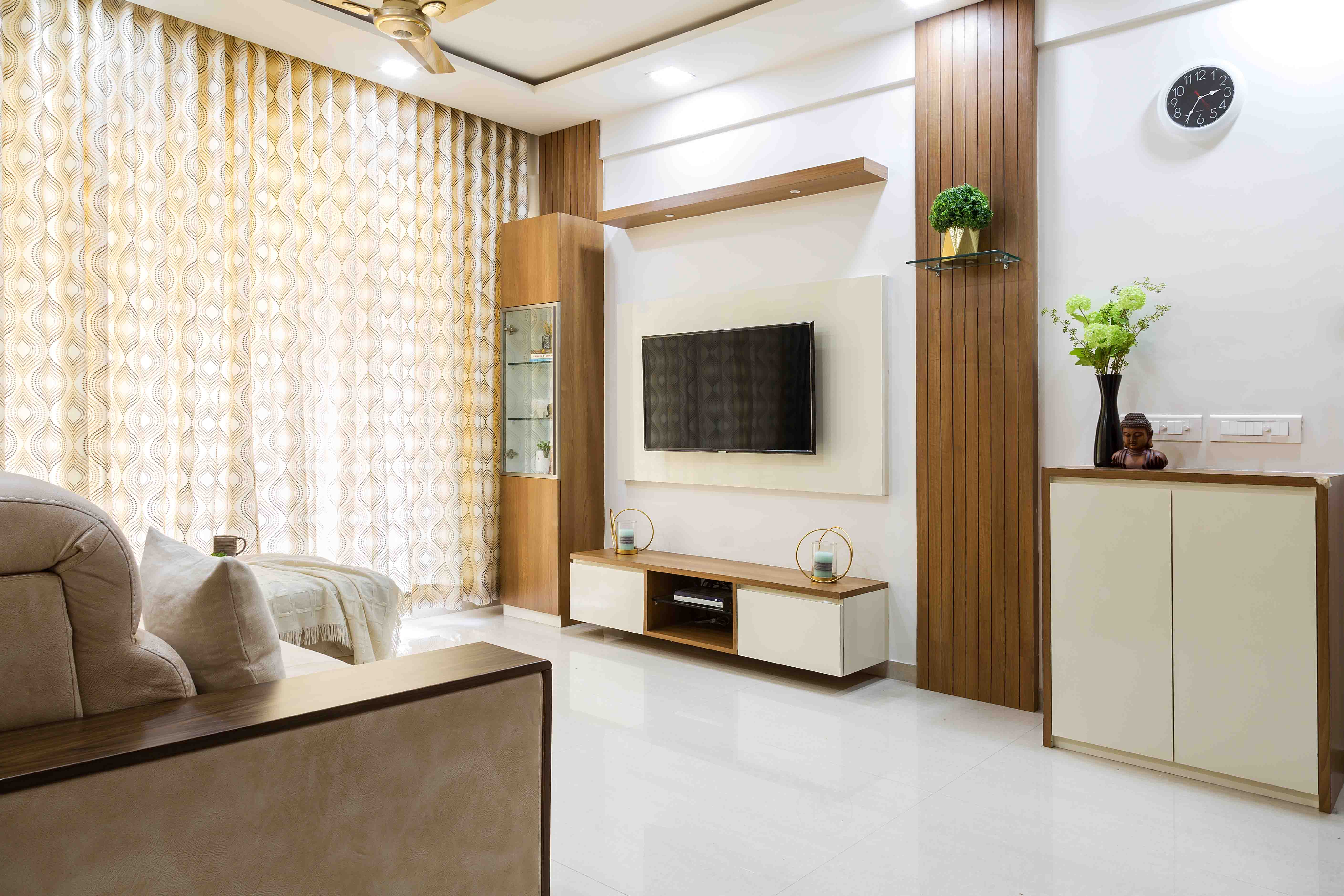 Champagne-Toned And Wood TV Unit Design | Livspace