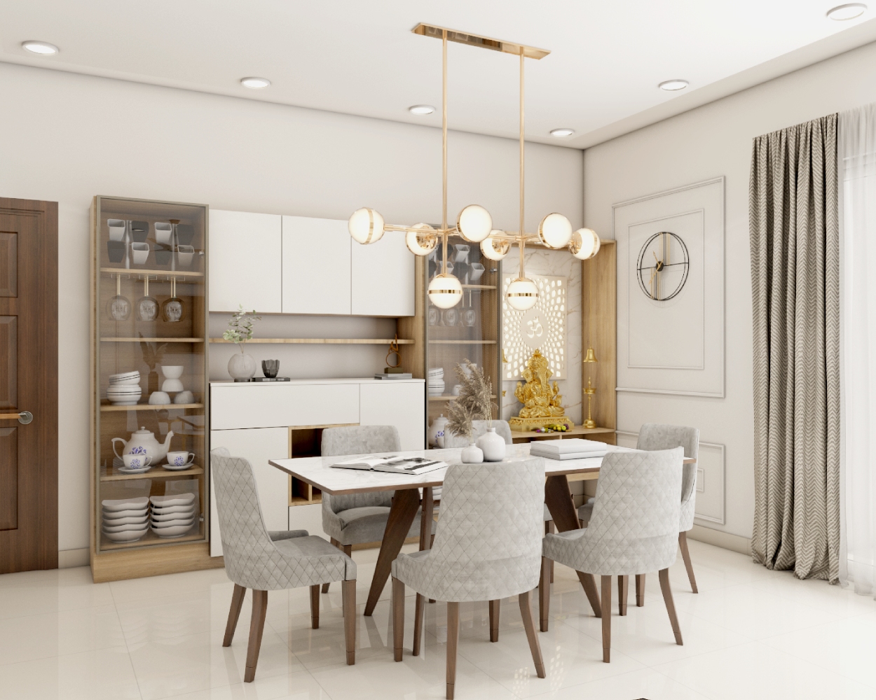 6-Seater White And Wood Dining Room Design With Ornate Chandelier ...