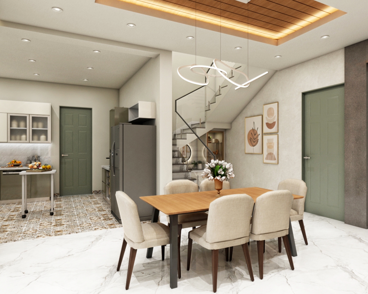 6-Seater Off-White And Wood Dining Room Design With Wooden False ...