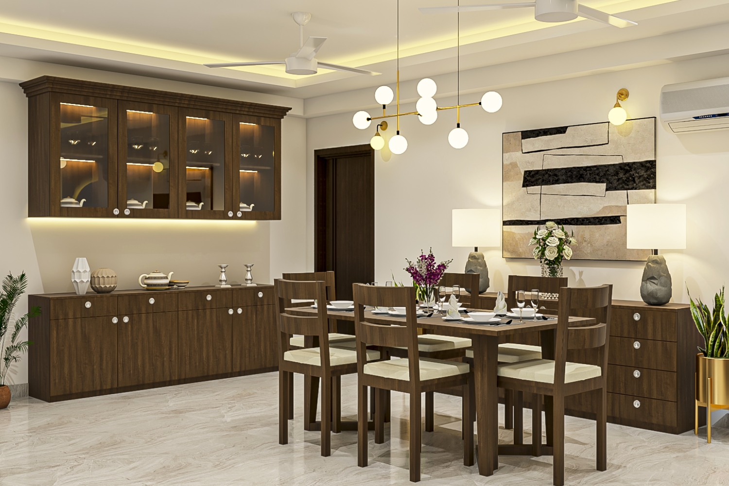 All-Wood 6-Seater Dining Room Design With Storage Units | Livspace