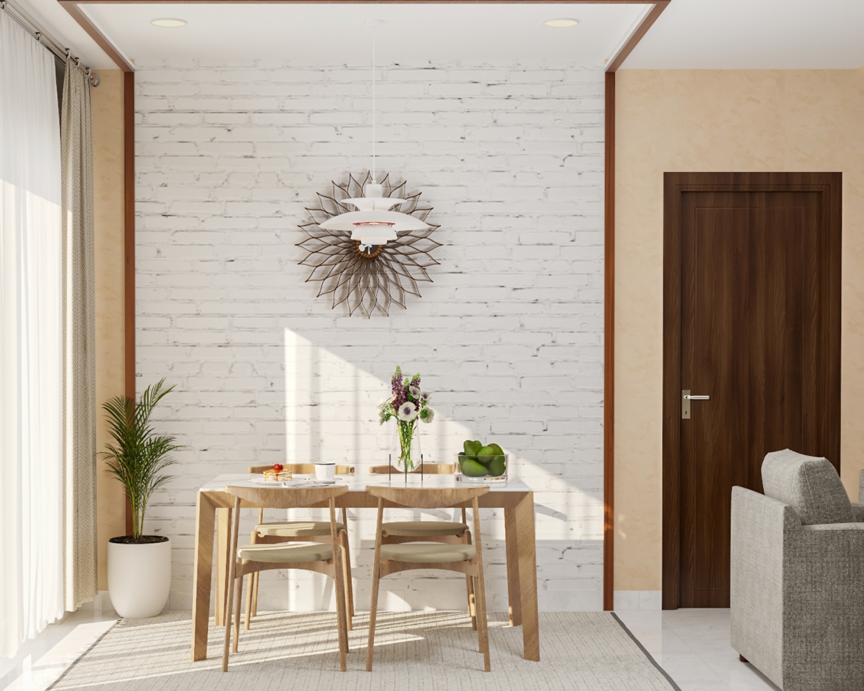 Wood And White Dining Room Design With White Brick Wall | Livspace
