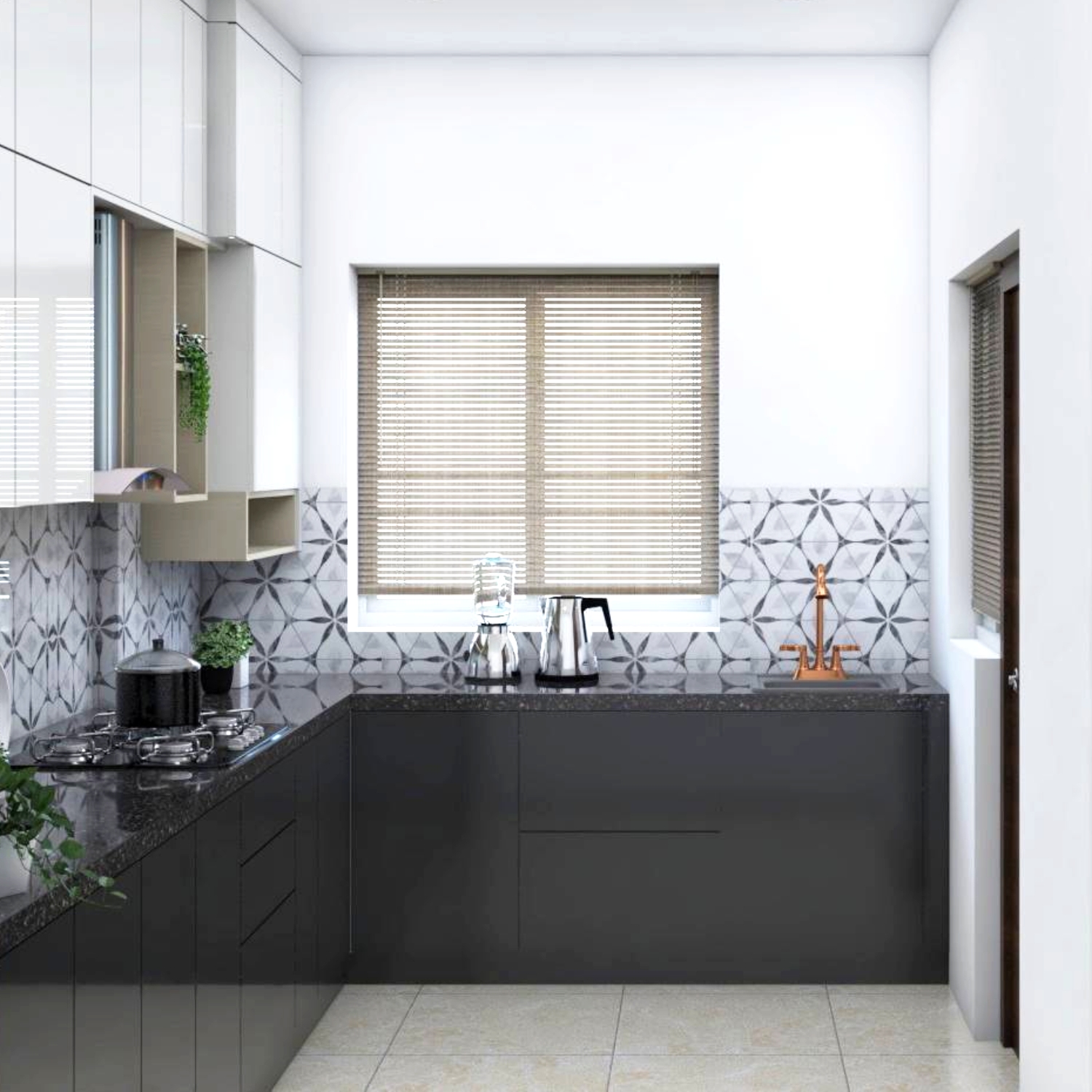 Black And White L Shaped Modular Kitchen Design With Dado Tiles | Livspace