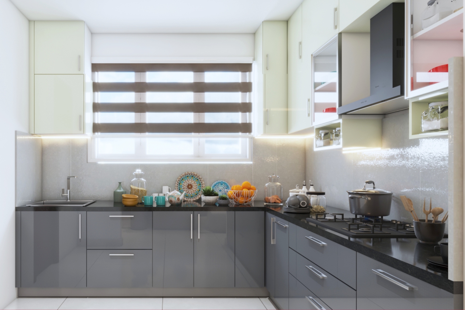 Modular L Shape Kitchen Design With Silver And White Cabinets | Livspace