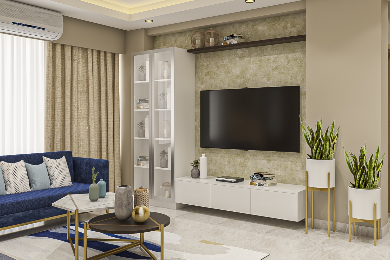 Cream And Blue Living Room Design With CreamToned Walls And Gold