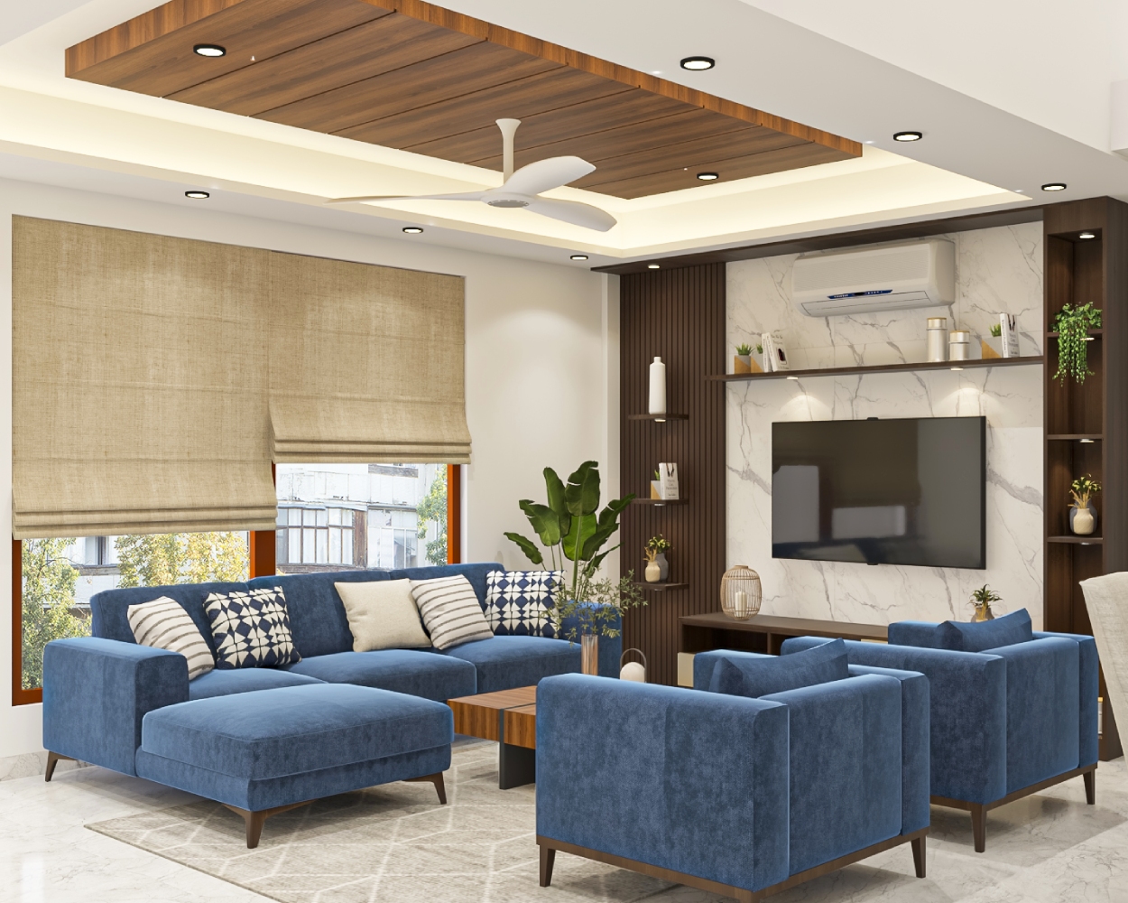 Dark Blue Living Room Design With Wooden TV Unit | Livspace