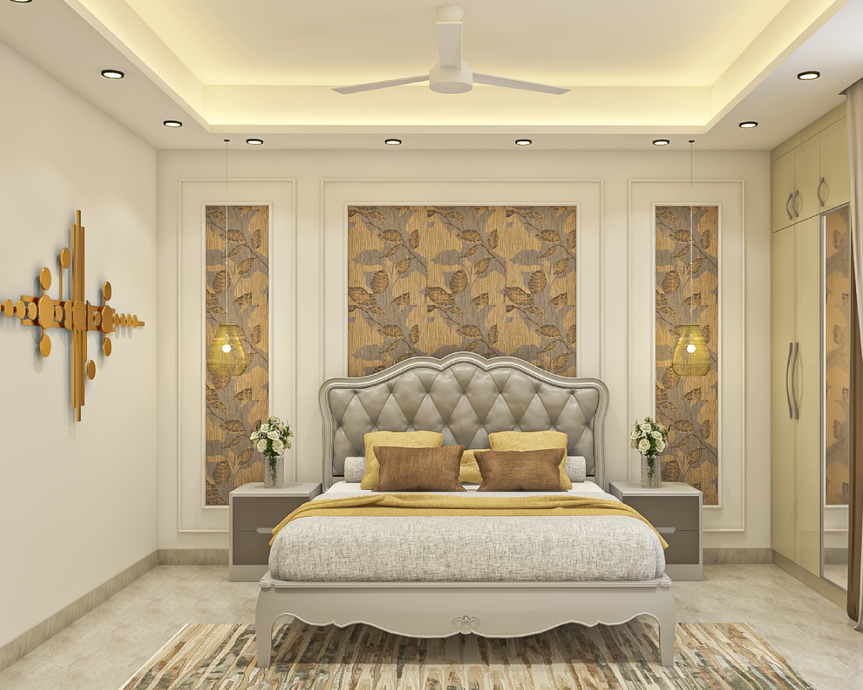 Master Bedroom Design With Grey Tufted Headboard | Livspace
