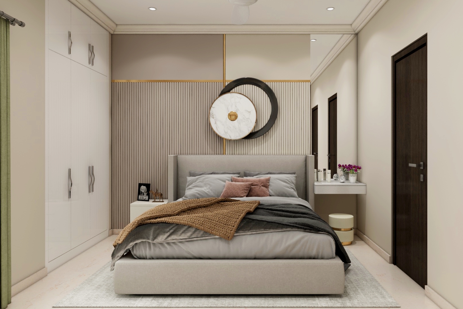 Master Bedroom Design With Beige And Brown Accent Wall And Fluted ...
