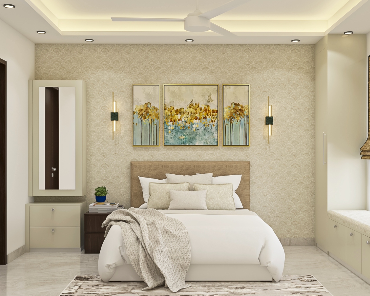 Beige Master Bedroom Design With Bedside Storage Unit And Bay Seater ...