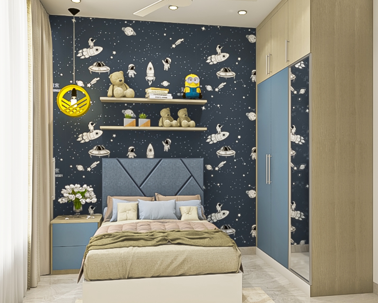 Dark Blue And White Space-Themed Bedroom Wallpaper Design | Livspace
