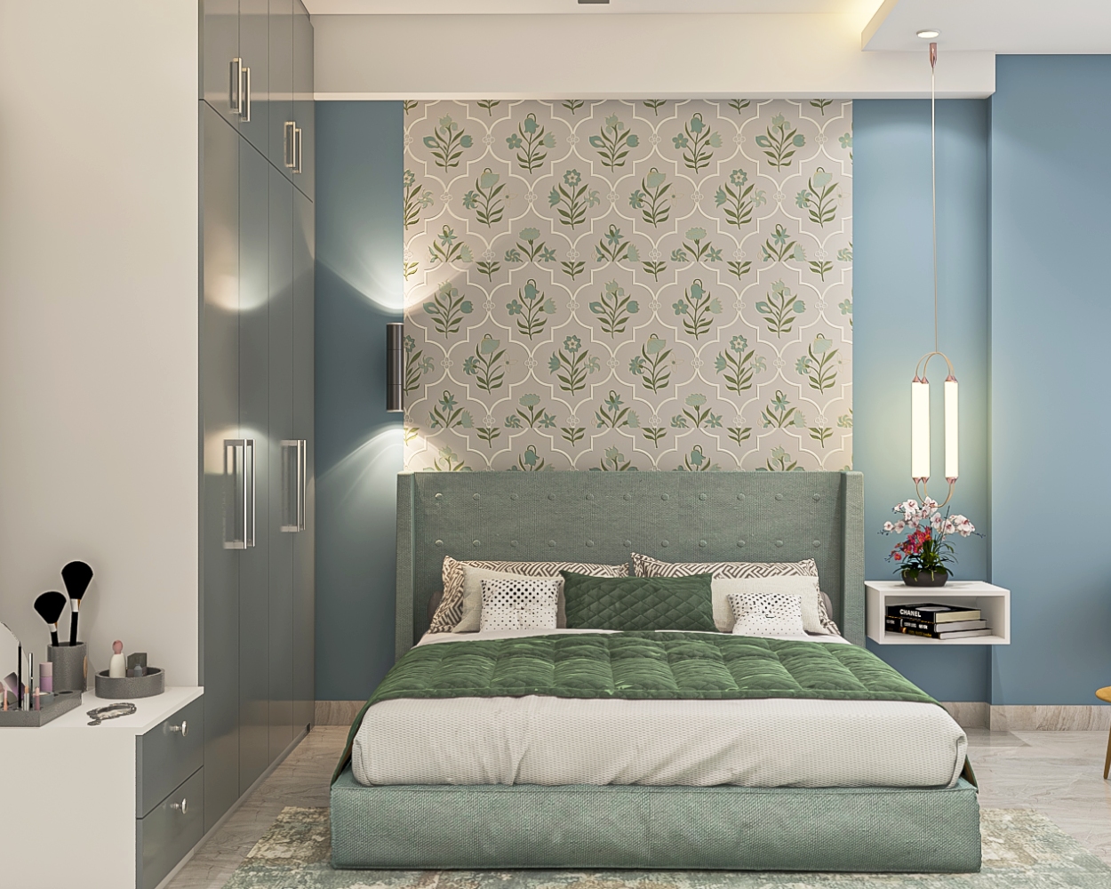 Grey And Green Leaf-Themed Bedroom Wallpaper Design | Livspace