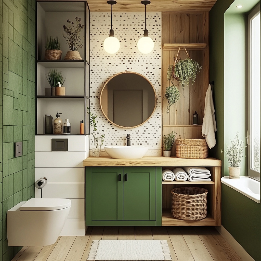 Rustic Farmhouse Bathroom Design Featuring Green Tiles and Membrane ...