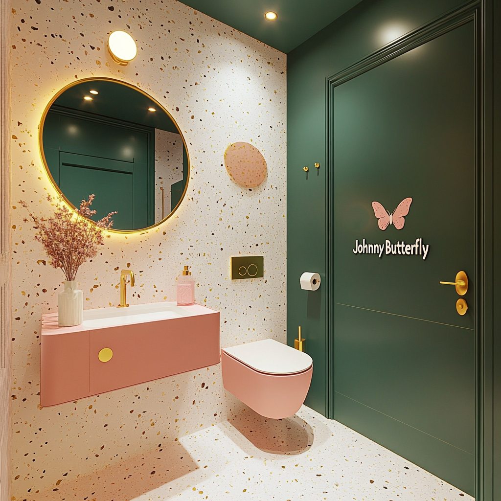 Bathroom Design with Art Deco Multicolour Tiles, Round Mirror, and Wood Countertop | Livspace