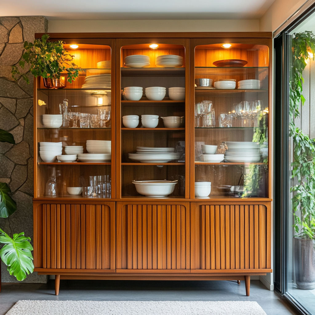 Mid-Century Modern Crockery Unit Design with Glass Doors and Built-In ...