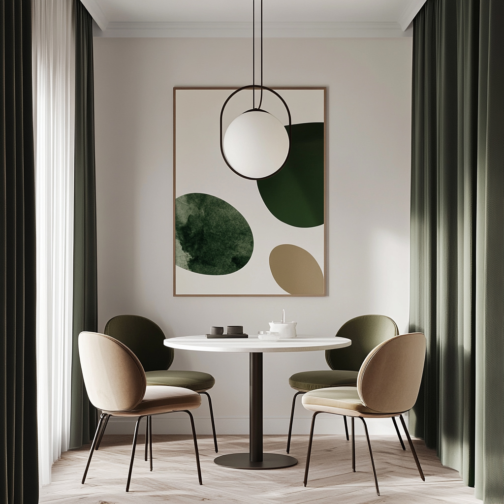 Dining Room Design with Contemporary Circular Table, Abstract Art, and ...