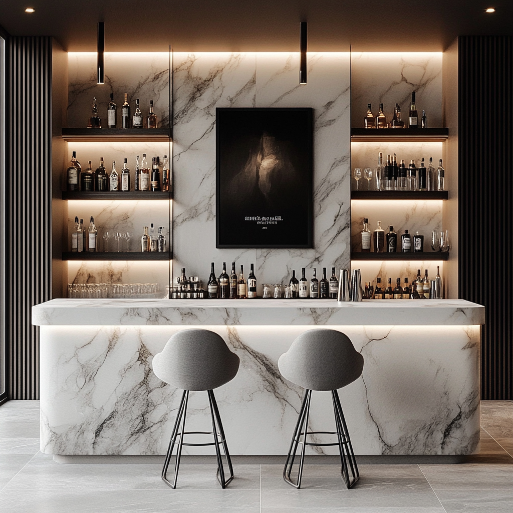 Luxurious Modern Home Bar Design with Marble and Artwork | Livspace