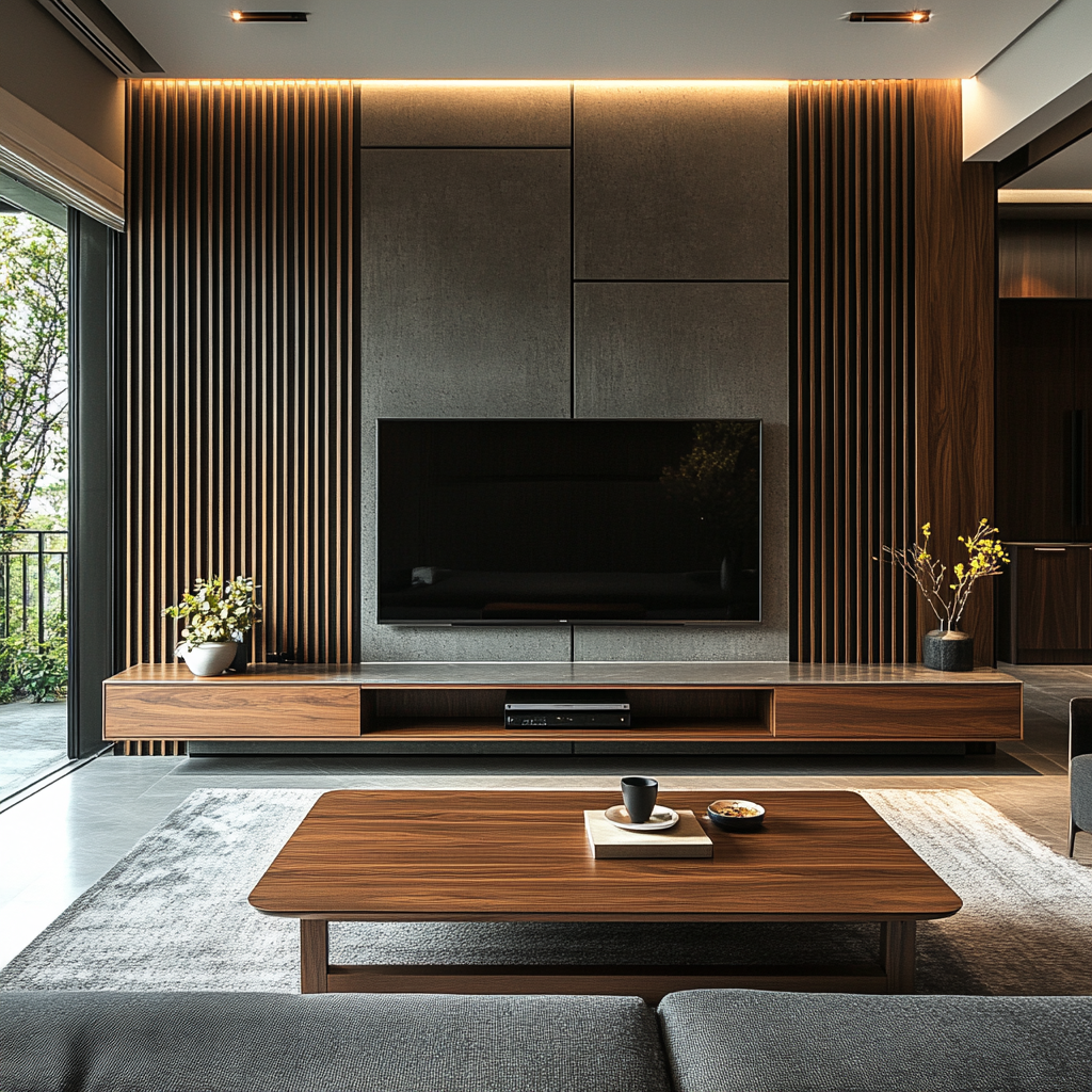 Brown Wall-Mounted Modern TV Unit Design with Elegant Wooden Fluted ...