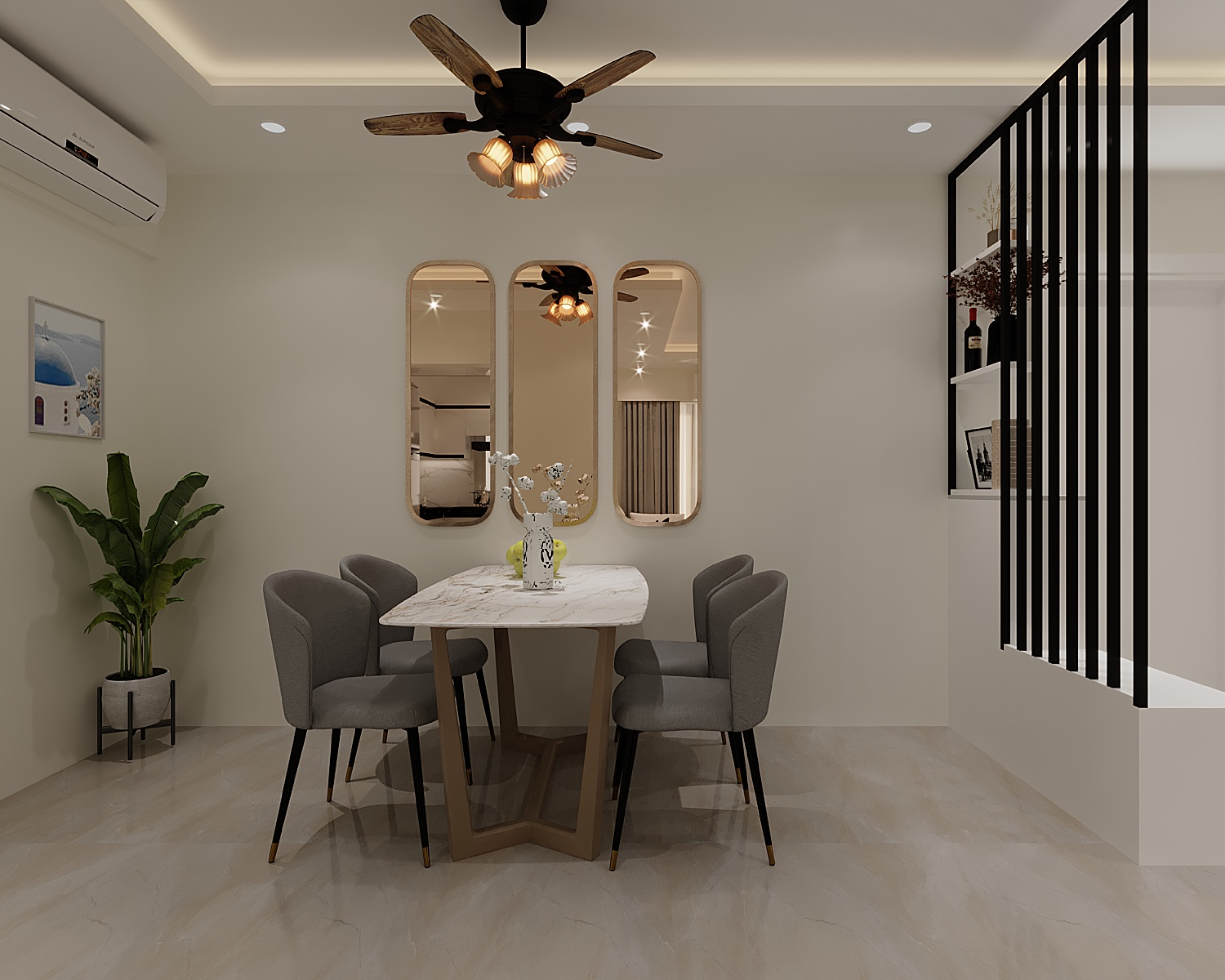 Modern Dining Room Design with Marble Table, Tinted Mirror, and White ...