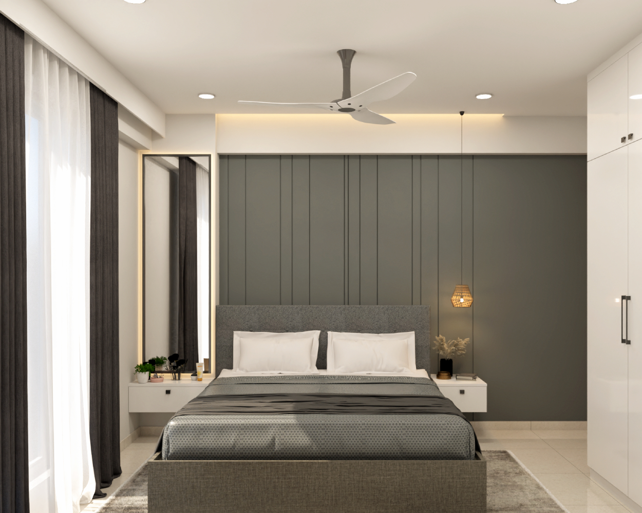 Guest Bedroom Design with Modern Queen Bed, Dark Grey Accents, and ...