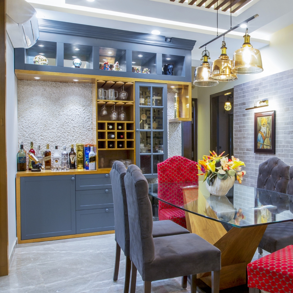 Home Bar Design with Contemporary Dark Blue Wall Unit and Storage ...