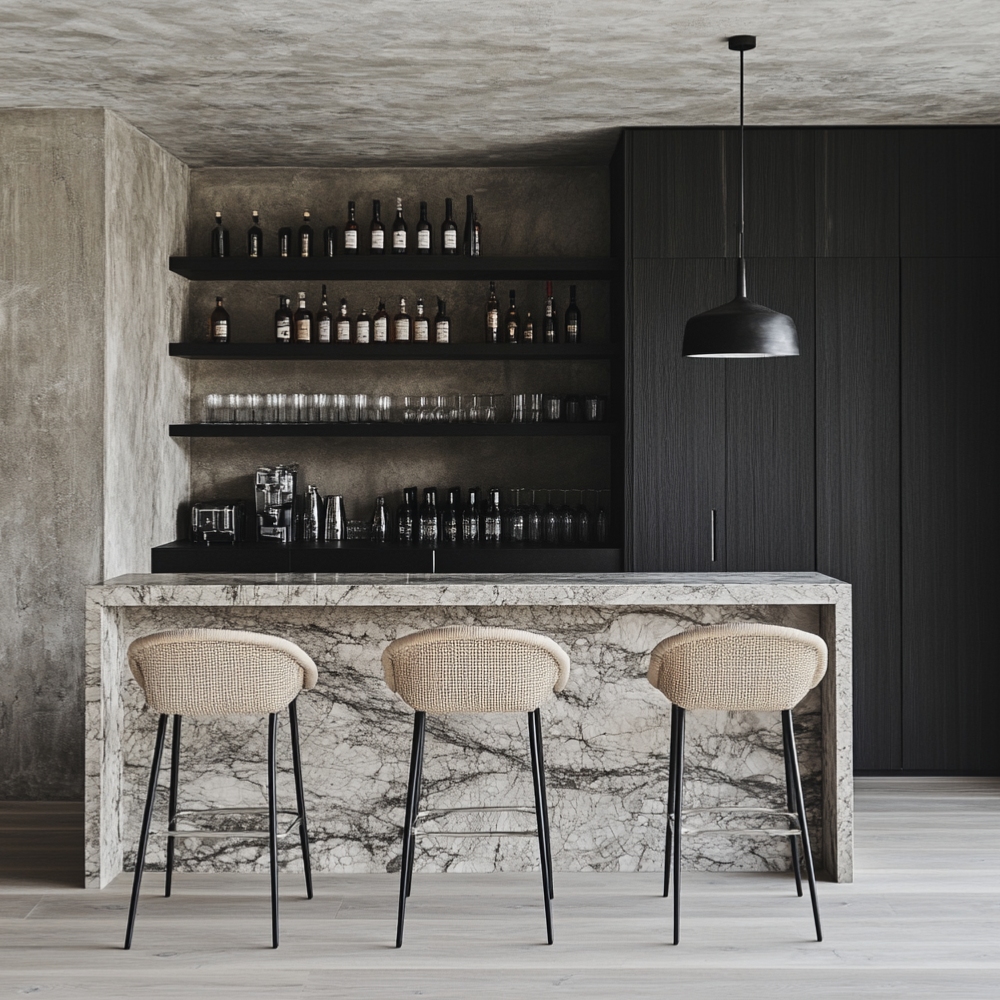 Industrial Home Bar Design in Suede Laminate Finish with Tall Units and ...