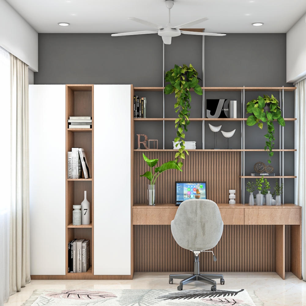 Modern Home Office Design with Study Table, Shelving, Fluted Wall and ...