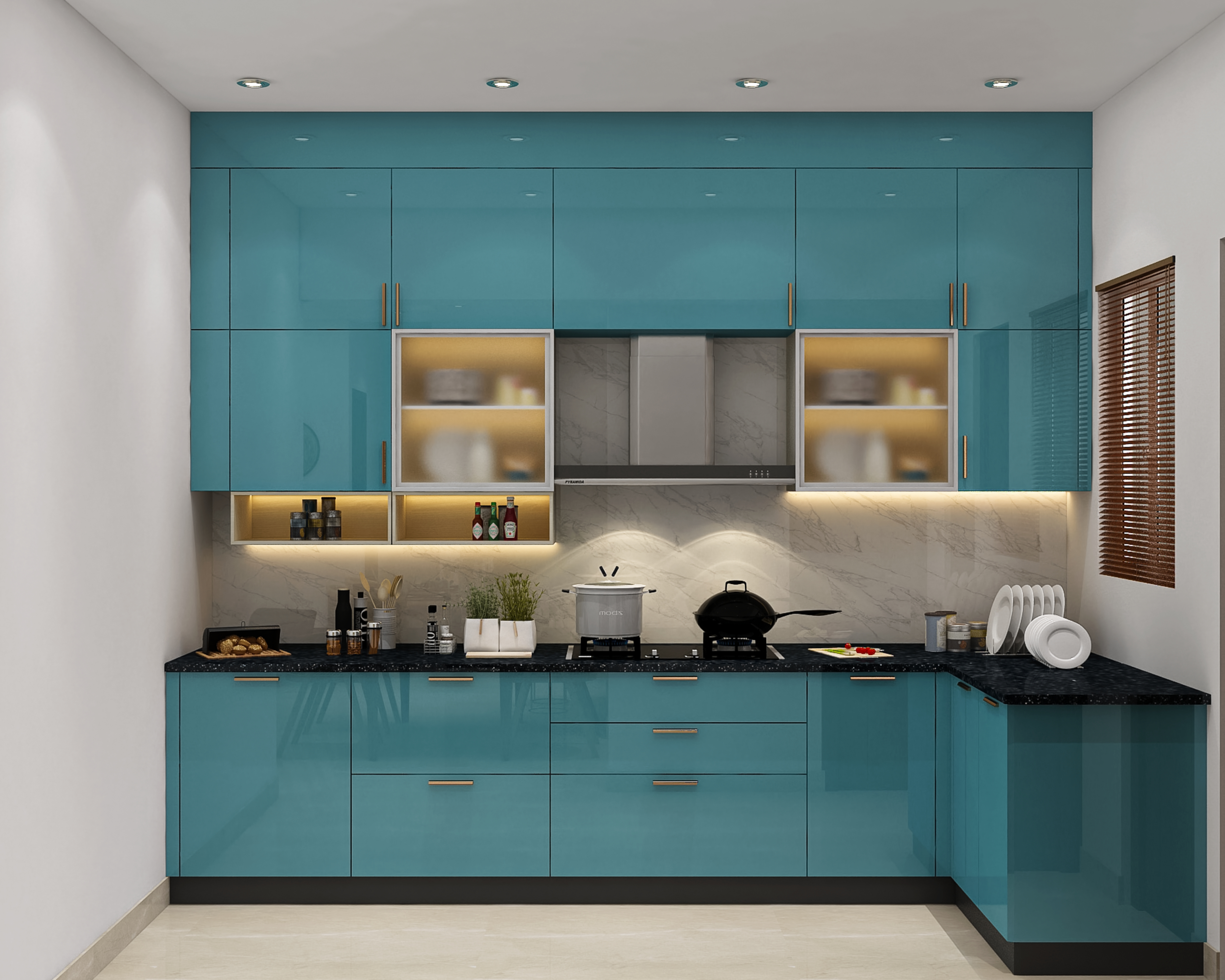 Blue L-Shaped Modern Kitchen Design with Granite Countertop and High ...