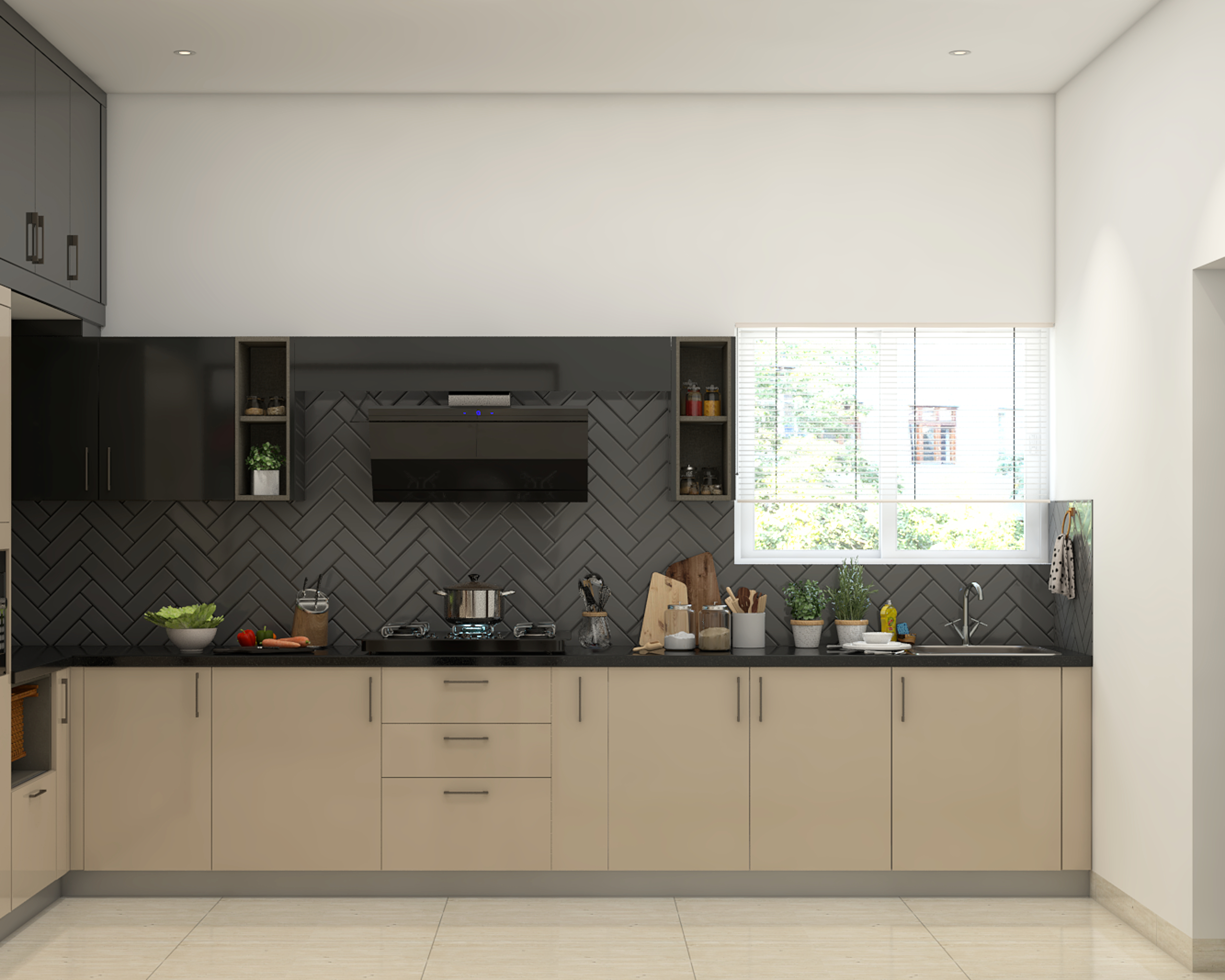 L-Shaped Modern Kitchen Design with High-End Backsplash and Granite ...