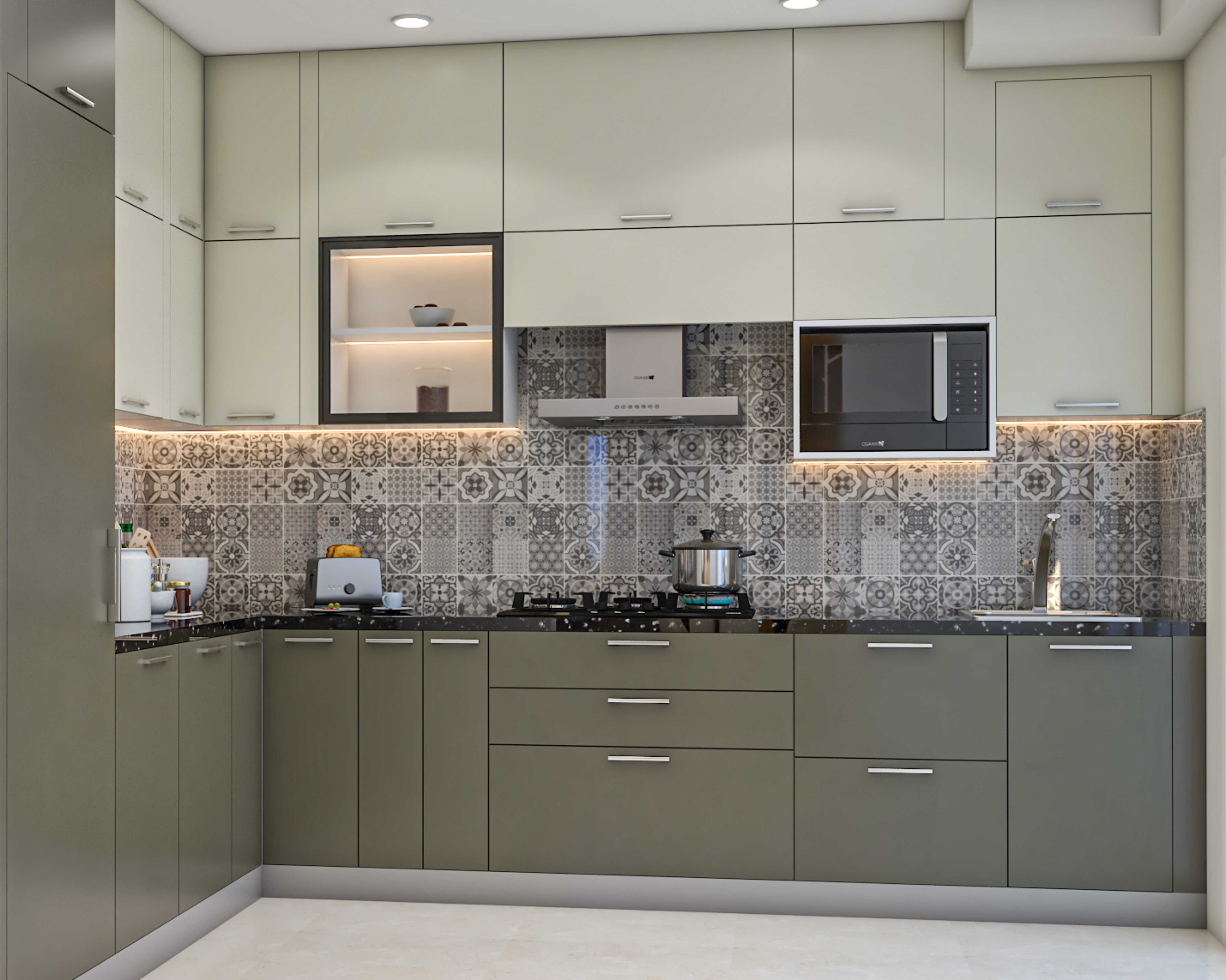 L-Shaped Modern Kitchen Design with Granite Countertops and Profile ...