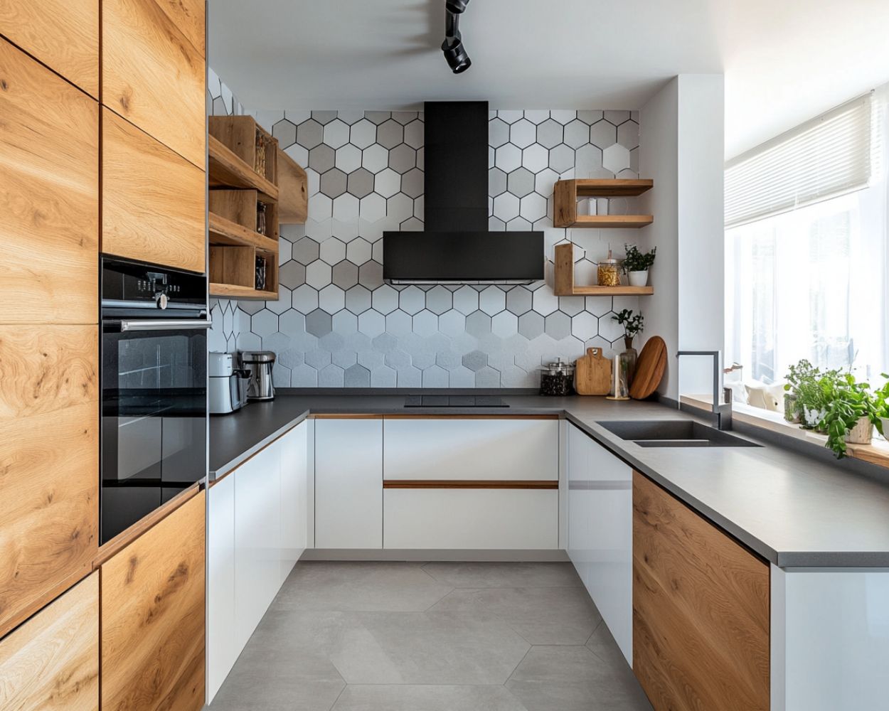 U-Shaped Kitchen Design with Contemporary Hexagonal Backsplash and Open ...