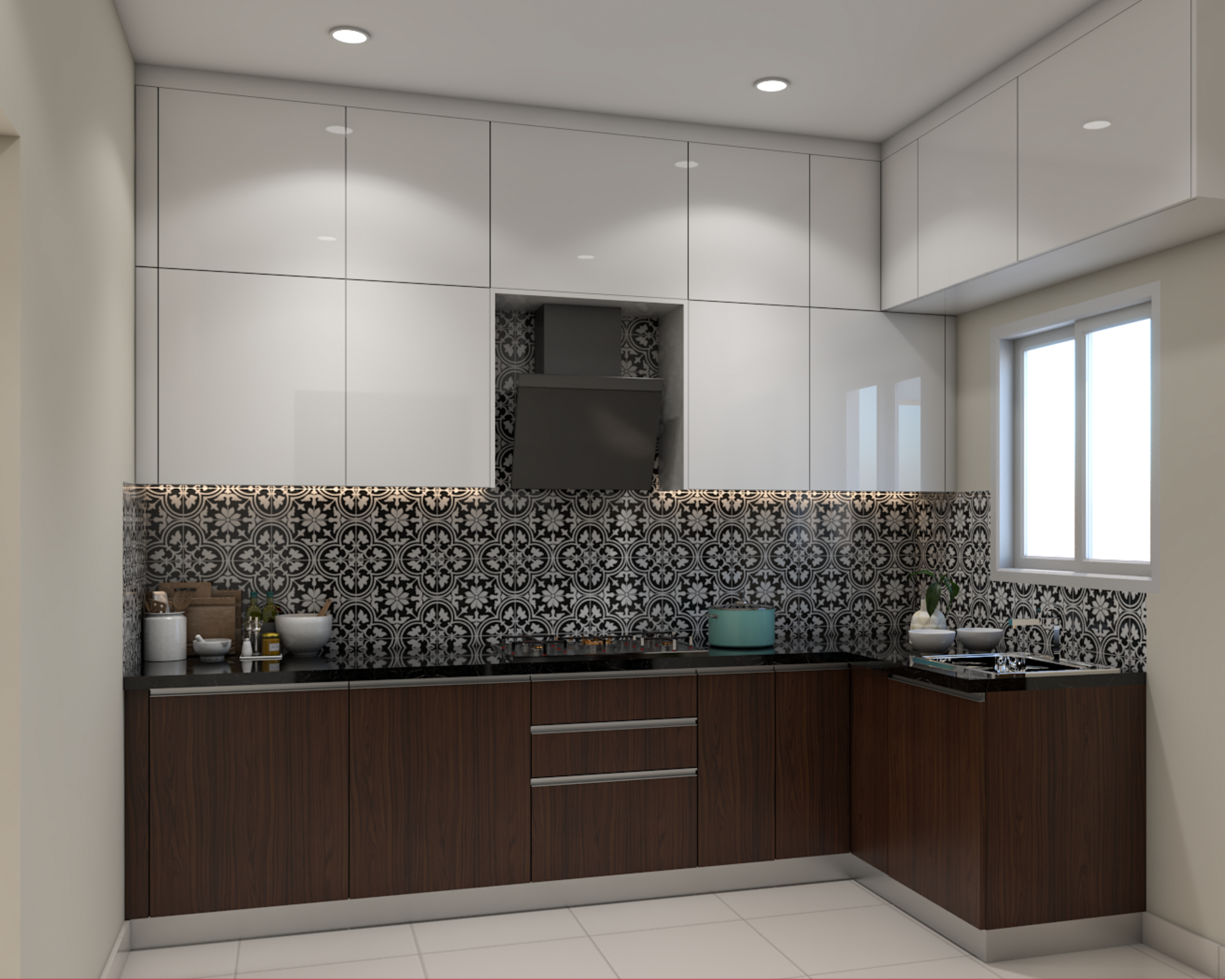 L-Shaped Contemporary Kitchen Design with Tawny Balsam and Metallic ...