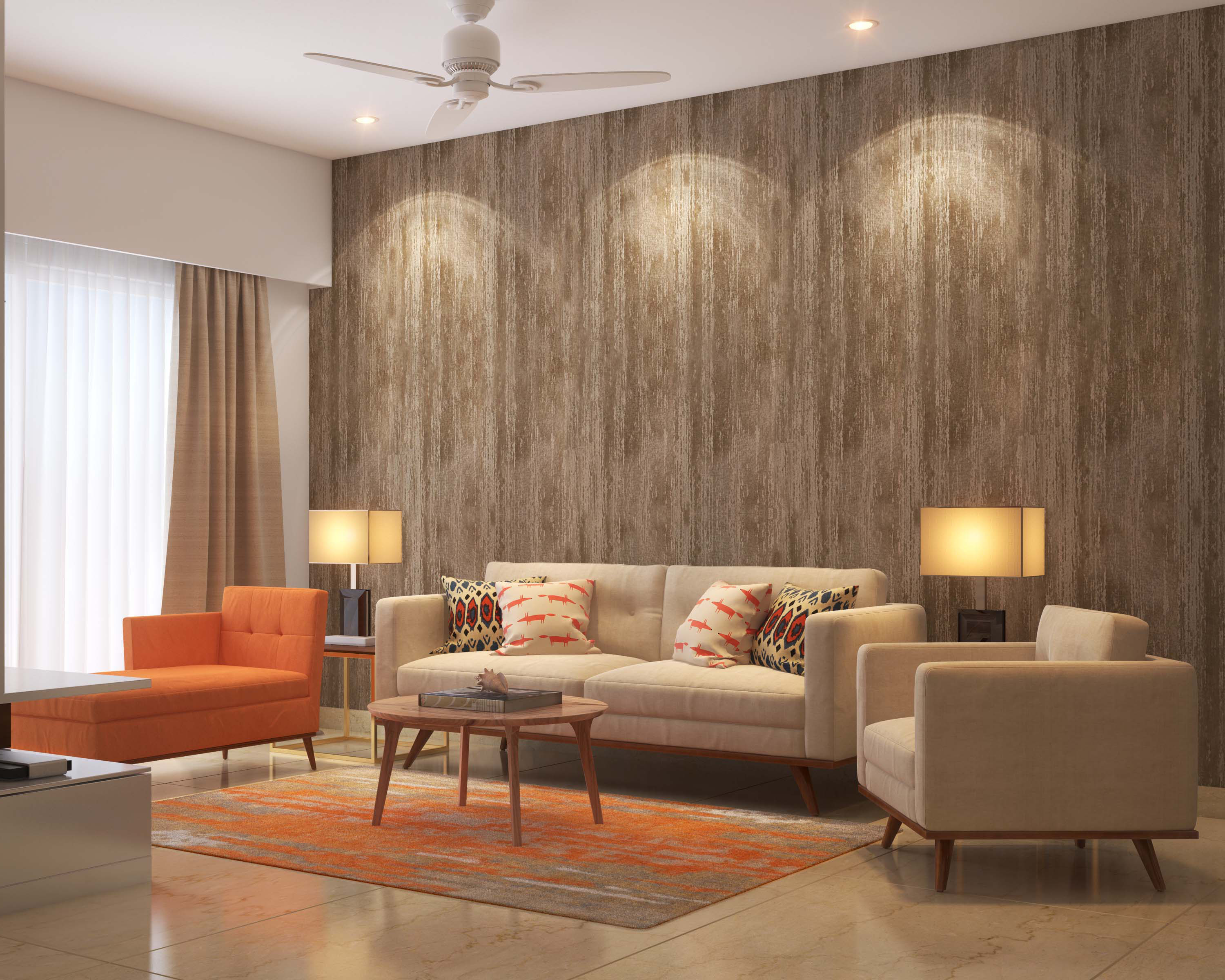 Living Room Design with Contemporary Sofas, Orange Bench, Wooden ...