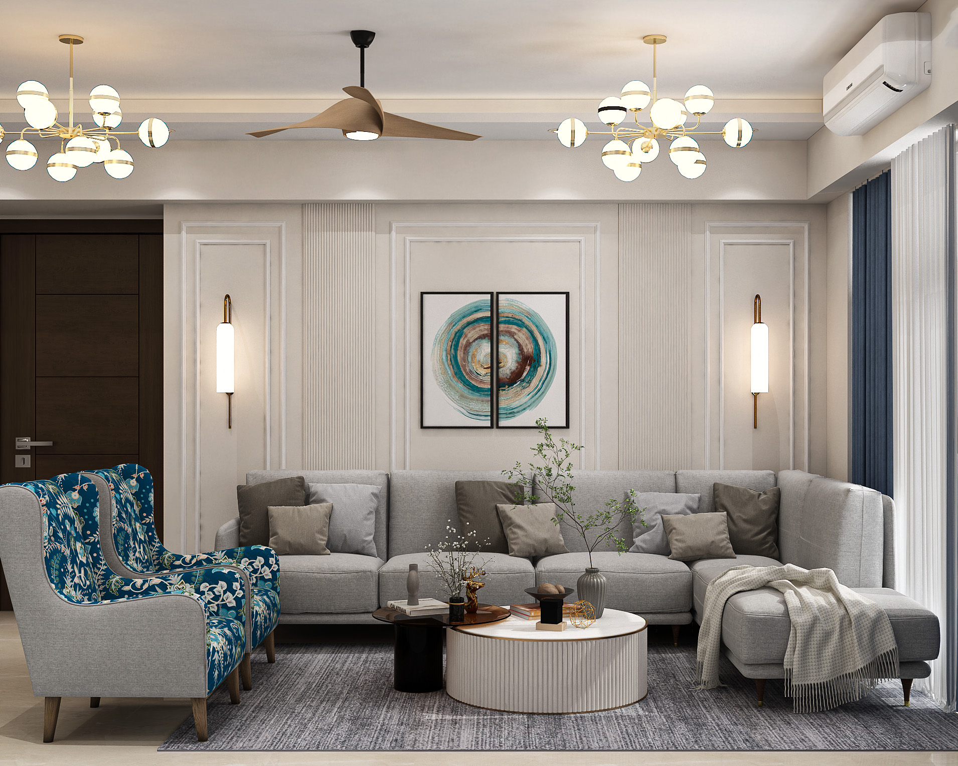 Living Room Design with Contemporary L-Shaped Sofa, Bench, and Nested ...