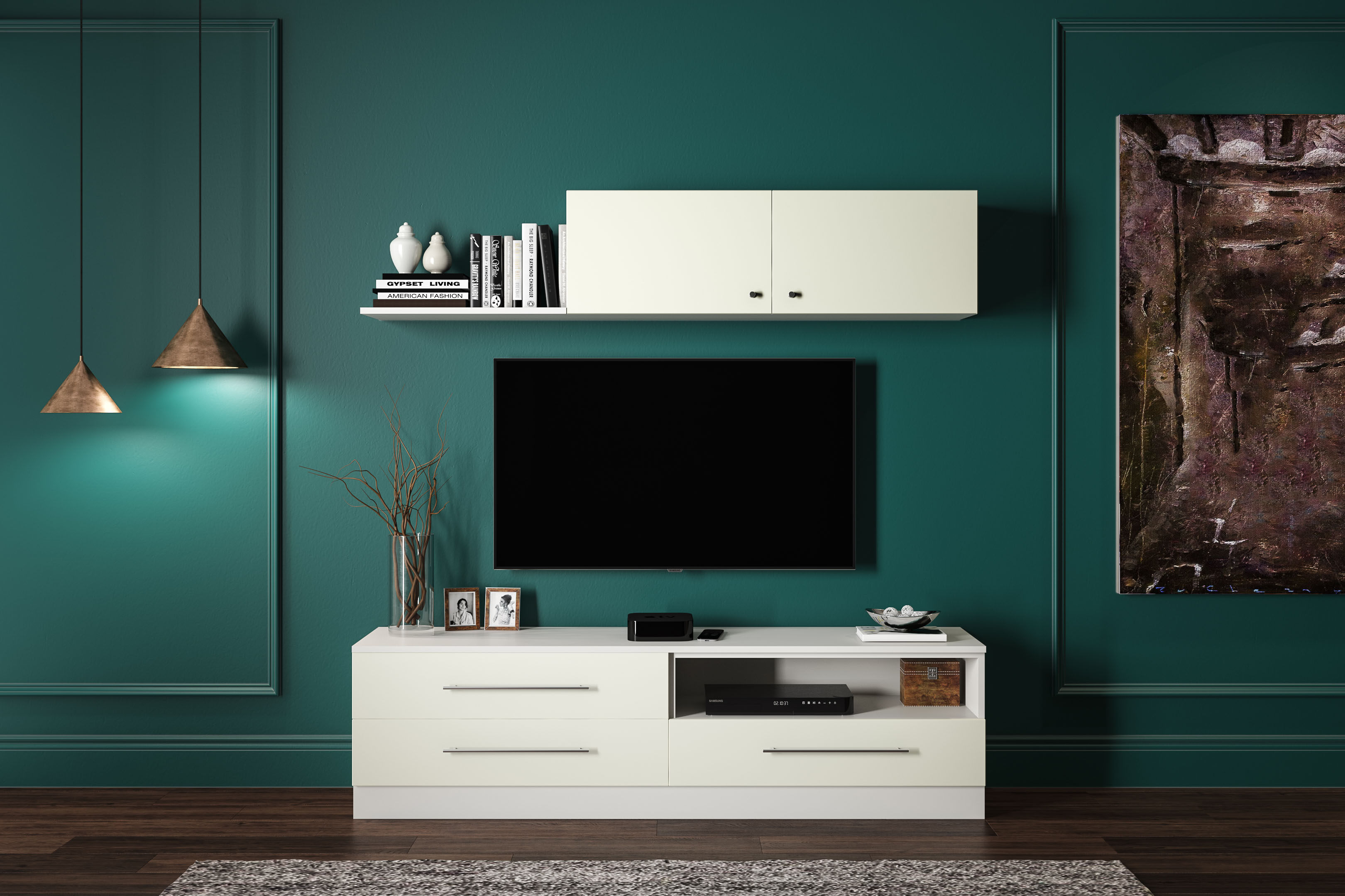 Contemporary Teal Wall Paint Design with Trims for Living Rooms | Livspace