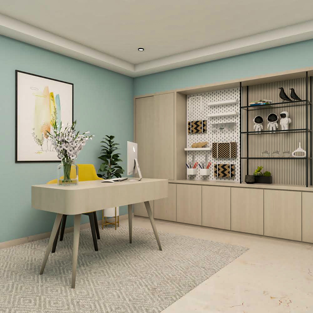 Beige And Blue Contemporary Home Office Design With Storage Unit - 9x10 ...
