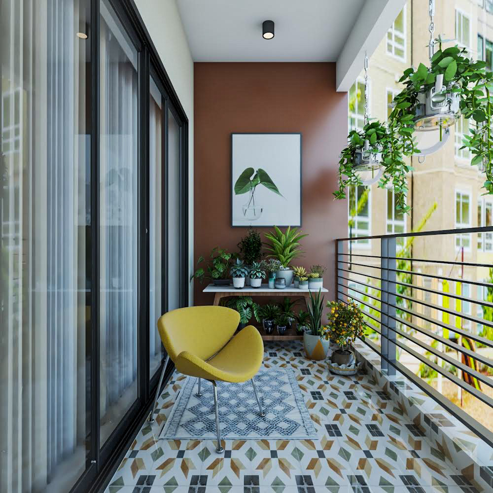 Stylish Modern Balcony Design with Brown Accent Wall and Artistic ...